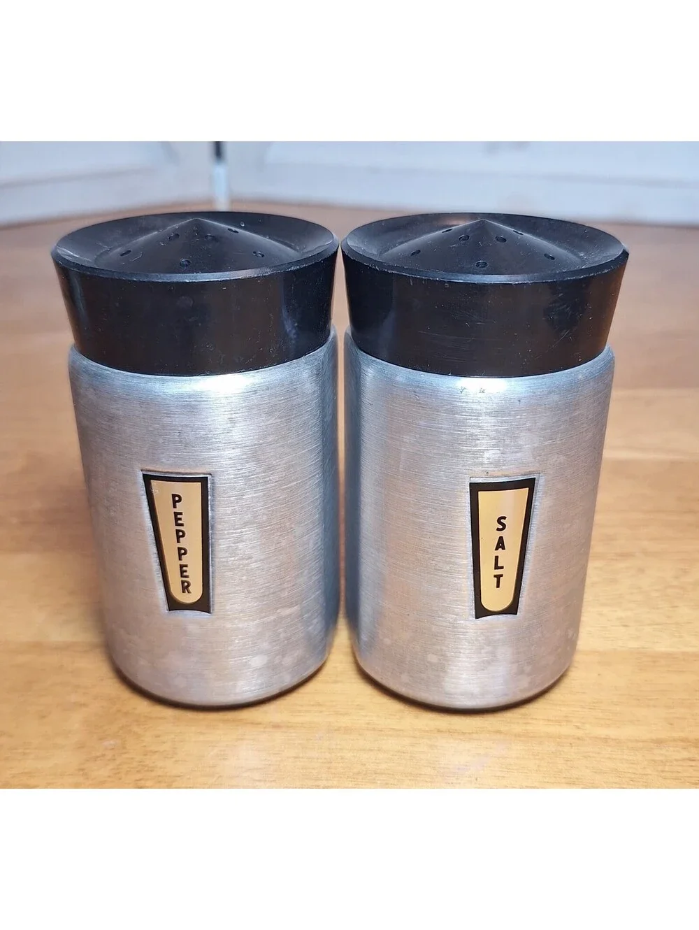 VTG MCM Kromex Spun Salt/Pepper Shakers Aluminum Spice Containers 3.75